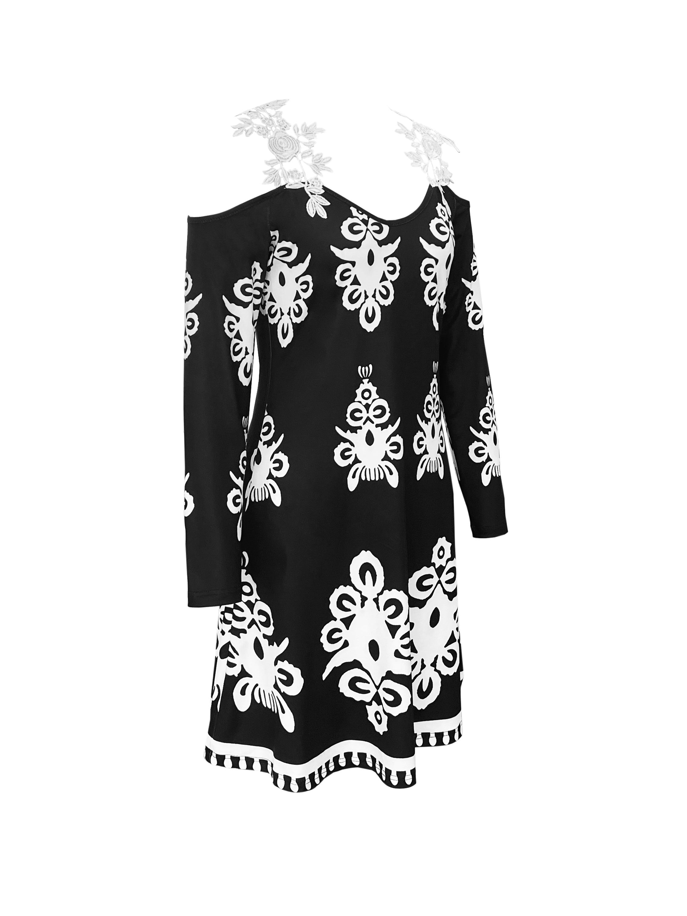 Elegant Off-Shoulder Printed A-Line Dress - Dacron and Spandex Blend, Polyester 95%, Elastane 5%, Knit Fabric - For All Seasons - For Women - Perfect for Parties, Weddings & Casual Occasions - Great Gift for Her