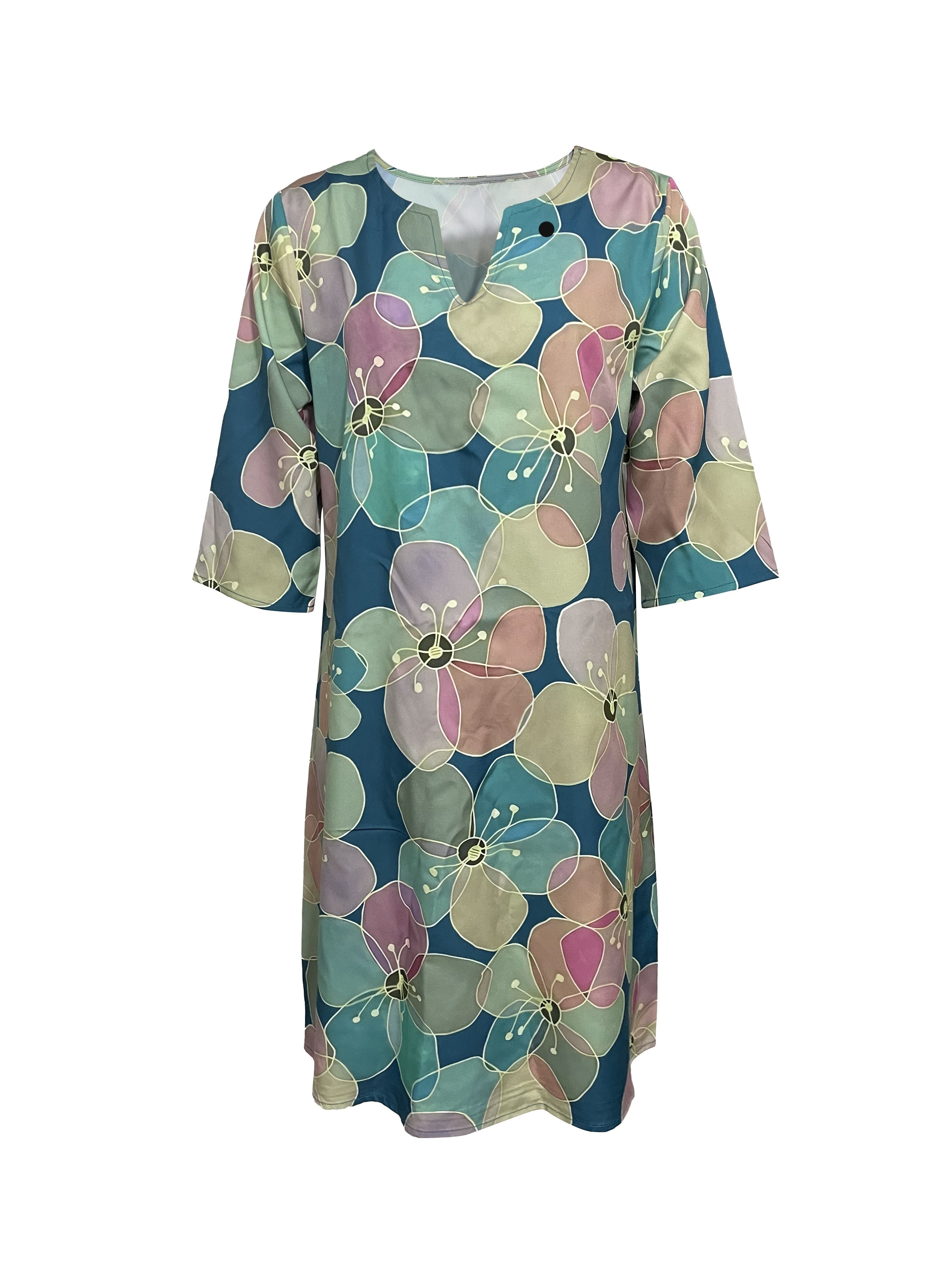 Floral Print Notched Neck Dress, Casual 3/4 Sleeve A-line Midi Dress For Spring & Summer, Women's Clothing