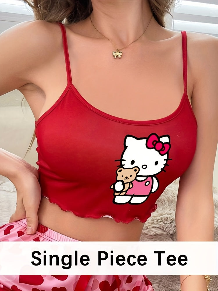 Sanrio Hello Kitty Women's Cute Cartoon Print Ruffled Sleeveless Tank Top - Vibrant Pink Sleepshirt with Backless Thin Straps, Lightweight Spring/Summer Loungewear, Machine Washable, Hello Kitty Sleepwear, Ruffled Edges, Nont