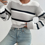Casual Colorblock Knitted Crew Neck Sweater - Drop Shoulder Long Sleeve - Women's Clothing