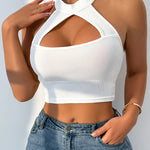 Chic Solid Color Halter Neck Crop Top - Sexy Backless Slim Fit Tank, Stretchy Polyester Blend, Ribbed Texture, Machine Washable - Perfect for Beach Outings, Afternoon Tea & Casual Casual Attire, Summer Fashion | Halter Neck T