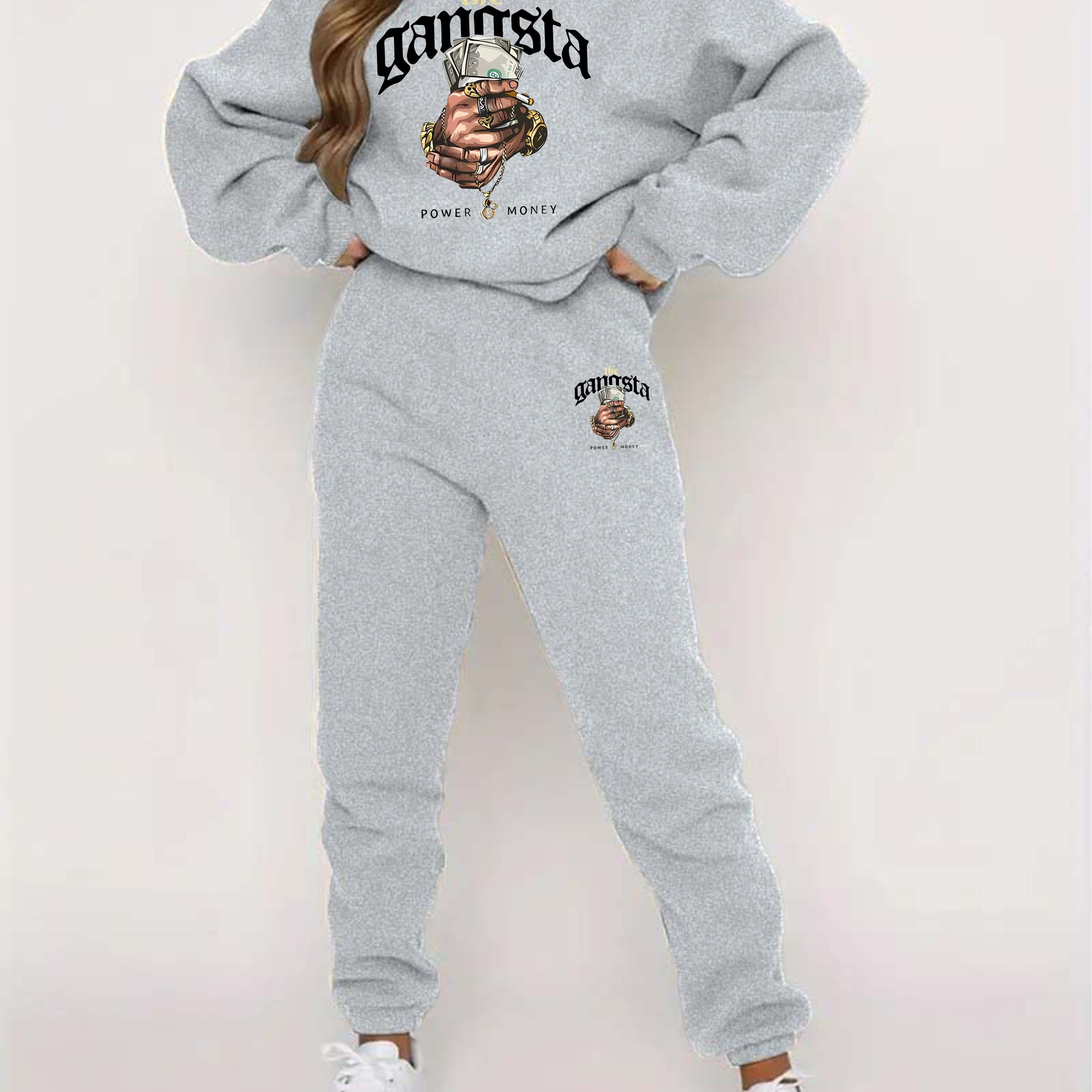 Two-Piece Pants Set - Casual Graphic Print, Warm Fleece, Long Sleeve Crew Neck Pullover Shirt, Skinny Elastic Waist Pants, Women's Clothing Outfits for Everyday Wear