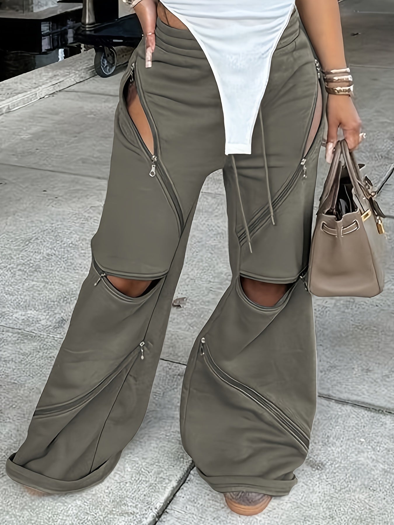 Women'S Chic European and American Fashion Flare Leg Pants with Multiple Zippers, Sexy Elastic Waistband, Loose Straight Fit - All Season Versatile Wear, Sexy Pants