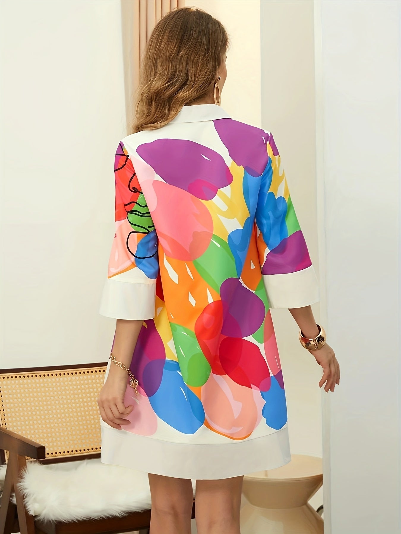 [Allseason Comfort] Vibrant Abstract Face Art Shirt Dress - Elegant Polyester Blend, Machine Washable, No-See-Through, All-Season Wear with Colorful Portrait Design and Collared Neckline for Women