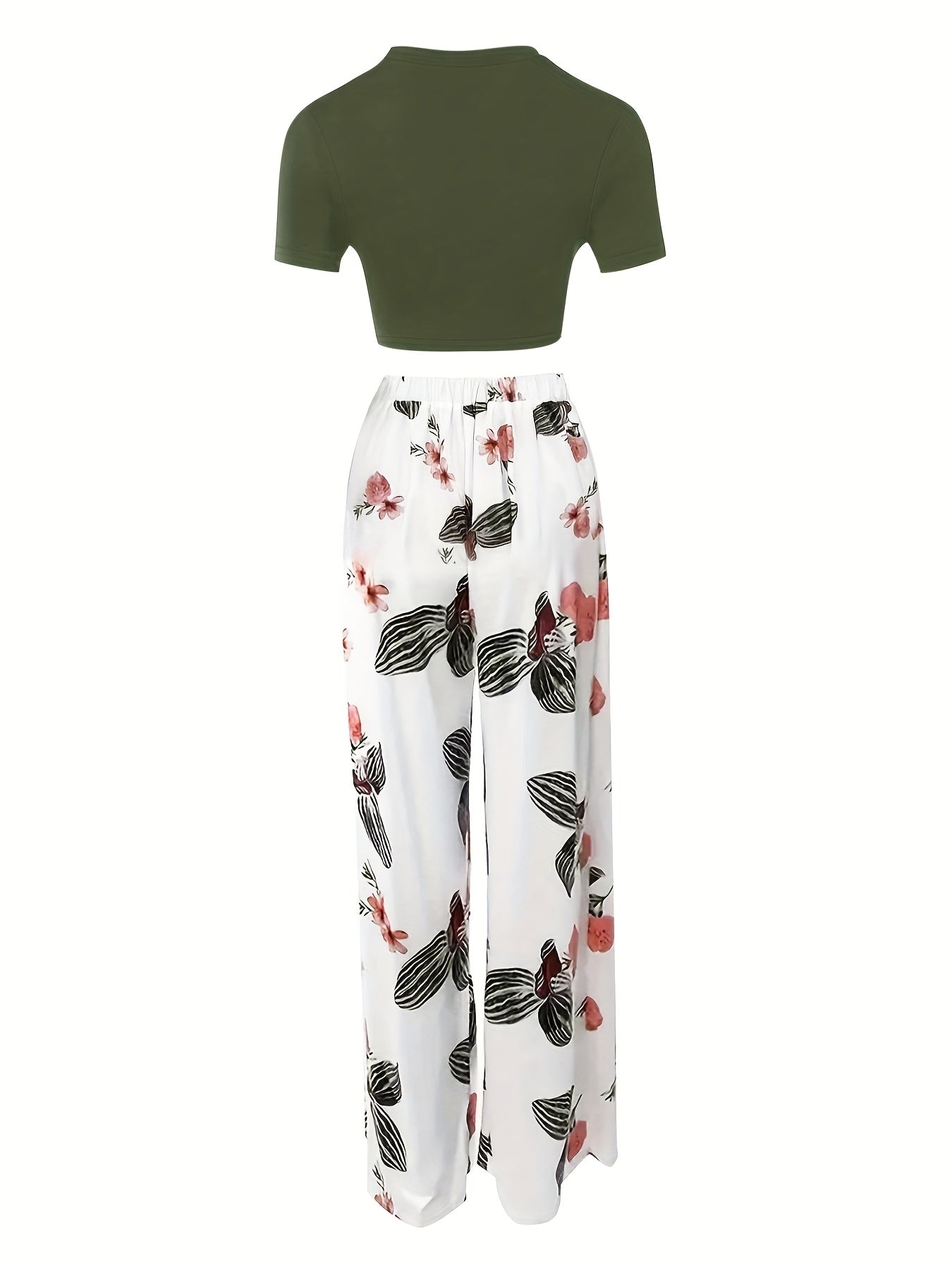 Women's Chic Casual Two-Piece Set: Short Sleeve Crop Top in Vibrant Pink & Floral High-Waist Pants - Durable Polyester, Machine Washable, Perfect for Spring/Summer, Spring Summer Outfit|Vibrant Crop Top|Comfortable Knit
