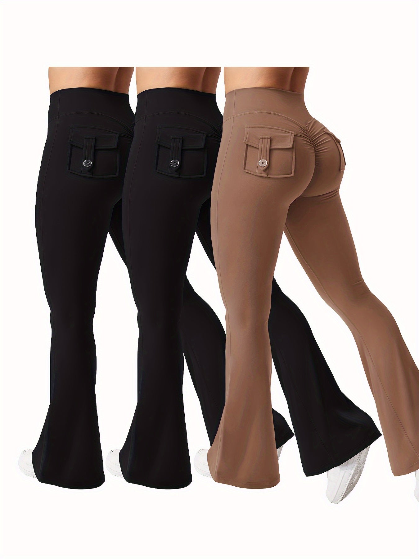 3pcs Women's High Elasticity Yoga Pants with Pockets - Soft Flared Leg Workwear-Style Fitness Pants, Elastic Waistband Tight-Fit Butt-Lifting for Running, Gym & Casual Wear (Black/Grey/Brown), Running Attire | Highwaisted Fla