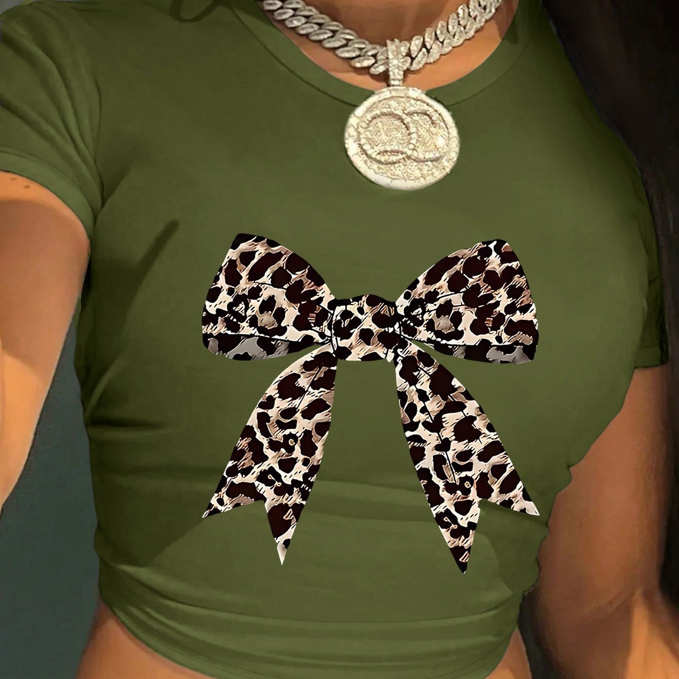 Women's Y2K Leopard Bow Print Cropped T-Shirt - Light Blue Soft Fabric, Machine Washable, Versatile Casual & Evening Wear, Style Statement Top | Elegant Design | Comfortable Fit, Leopard Print Shirt