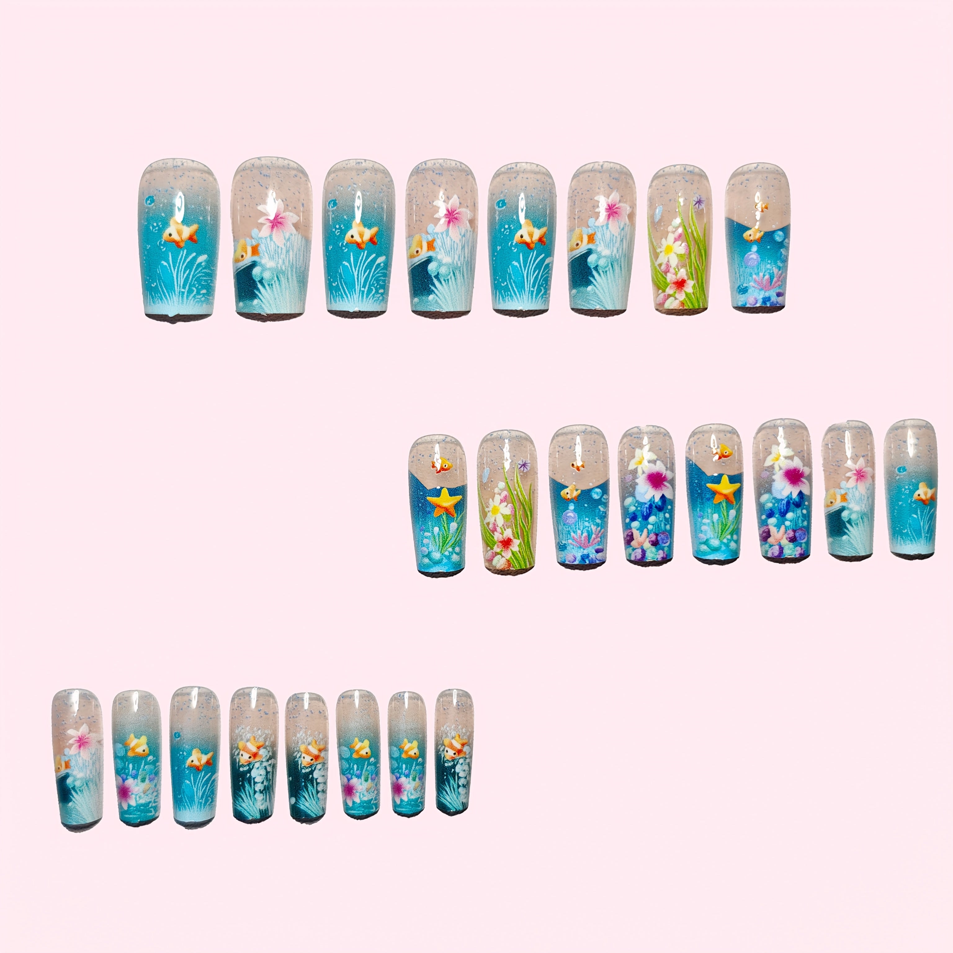 24pcs Deep Sea Mystery Hand-Painted Nail Tips - Sparkling Blue with Little Fish & Starfish, Removable Press-On Nails for a Magical Nail Art Experience, Nail Art Accessories