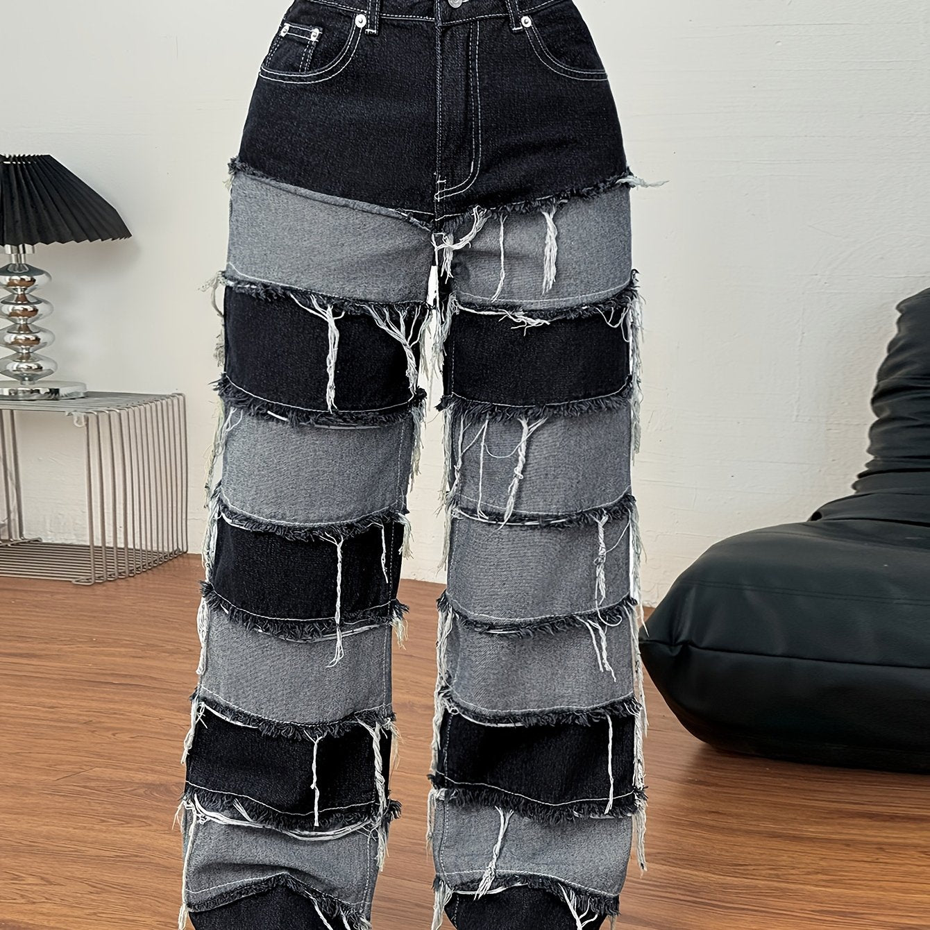 Women'S Patchwork Denim Jeans - Cotton Blend Straight Leg Long Pants, Street Style, Non-Stretch Woven Fabric, with Frayed Hem, Zipper Fly, Pocket Detail, for Casual Weekend Wear
