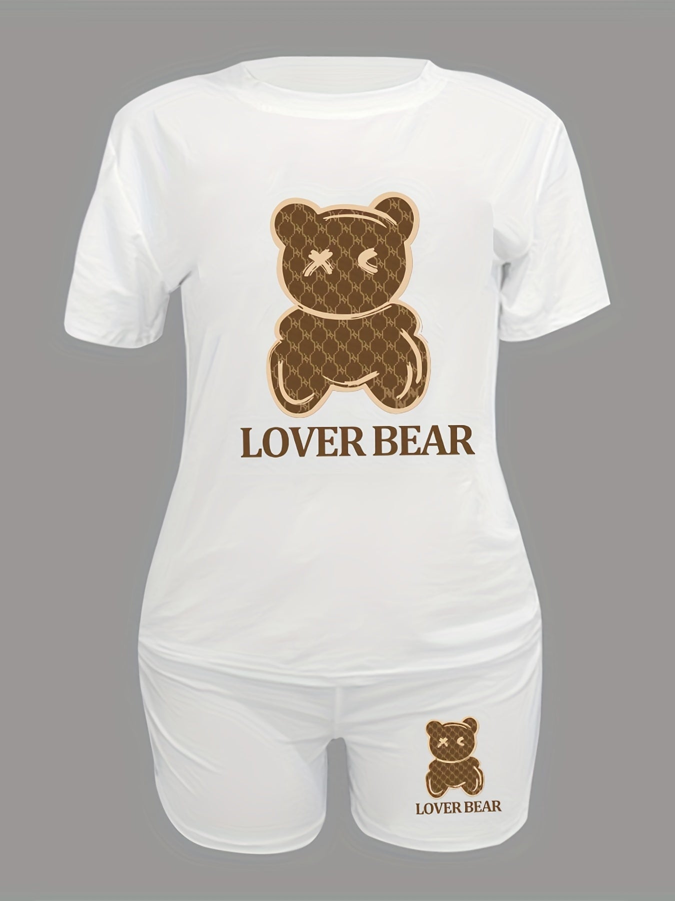 Two-piece Set, Cartoon Bear Print Crew Neck Short Sleeve T-shirt & Slim Shorts Outfits, Women's Casual Clothing