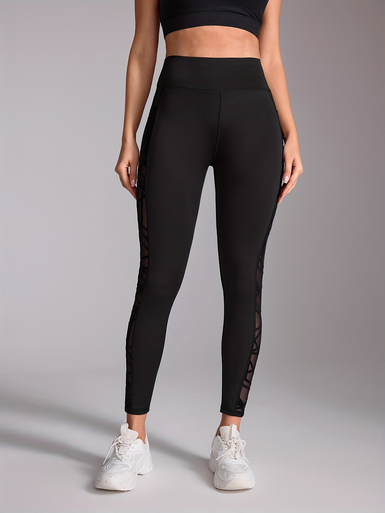 Women's High-Waist Slimming Yoga Leggings with Mesh Panels - Stretchy, Non-See-Through Activewear Pants for Fitness & Running, Breathable Polyester-Elastane Blend, Hand-Washable