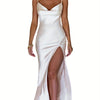 Elegant Women's Satin Bodycon Long Dress with Spaghetti Straps & Cowl Neck, High Split Midi Party Dress - Polyester, Solid Color, Machine Washable, Perfect for Weddings, Proms, and Formal Events, Dresses Elegant Formal