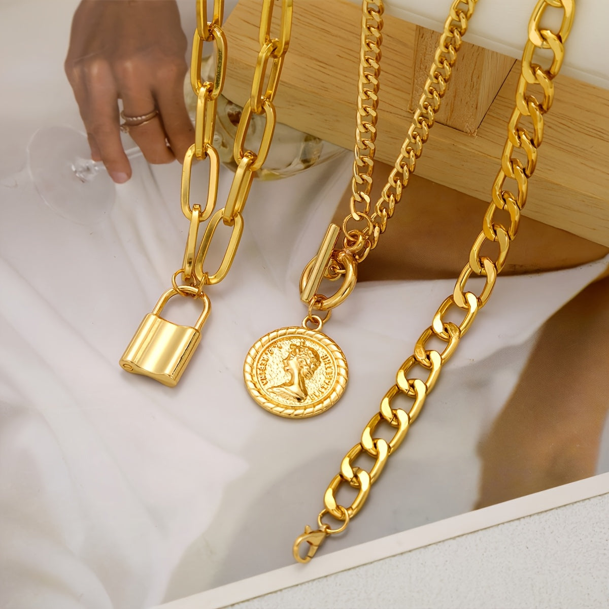 Luxury Golden Multilayer Cuban Chain Necklace with OT Clasp and Portrait Pendant - Women’s Punk Style Layered Jewelry for Casual Attire, Mother’s Day Gift, Pendant Necklace