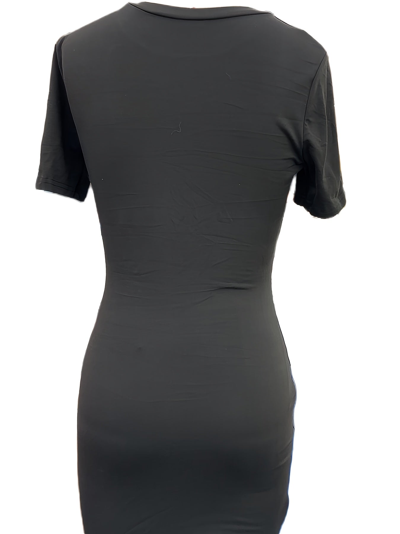 Women'S Summer Bodycon Dress, Casual Crew Neck, 95% Polyester 5% Elastane Knit Fabric, 200g/m², Printed Design, Short Sleeve, Slim Fit - Black