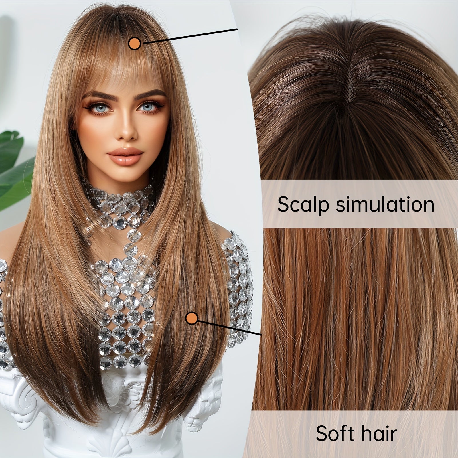 Elegant Women'S Wig Light Brown Long Straight Layered Ends Fashion for Daily Wear with Matte Finish, Tang Long Fiber, 100% Density Rose Net Cap, Versatile Fit for All, Heat-Resistant and Customizable