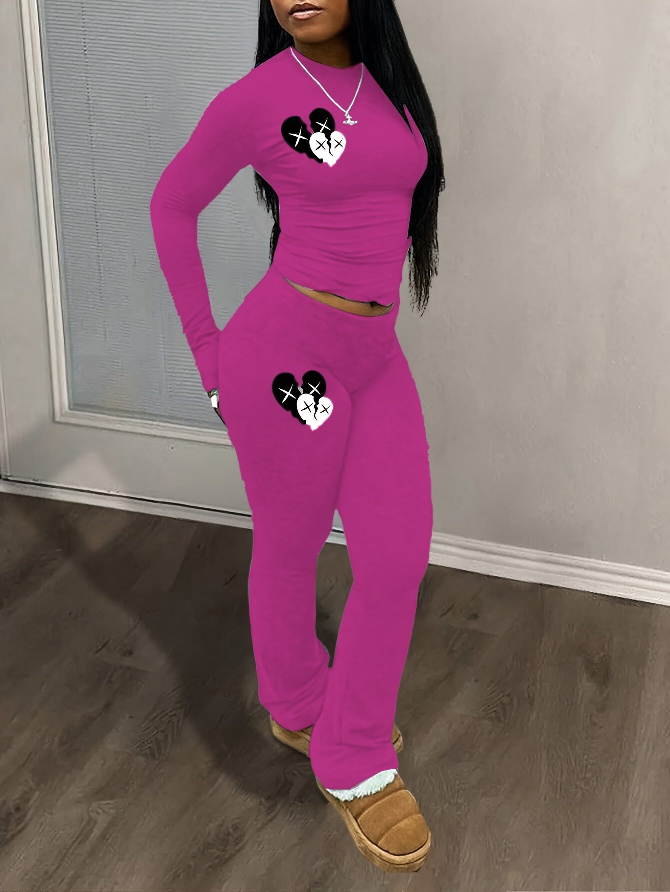 Autumn and Winter Fashionable Slim Fit Printed Long Pants and Long Sleeve Two-Piece Set