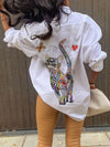 Cat Print Patched Pocket Button Front Shirt, Casual Long Sleeve Shirt For Spring & Fall, Women's Clothing