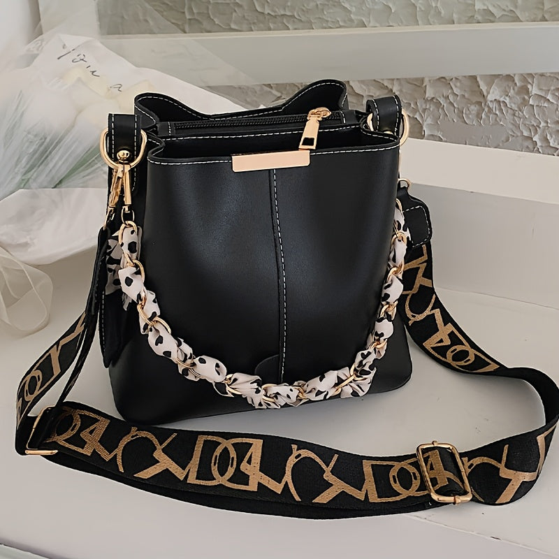 Women's Elegant Bohemian Bucket Crossbody Bag - Adjustable Shoulder Strap, Zipper Closure, with Golden-Tone Hardware, Versatile for Daily Commute & Casual Outings (Black/White)