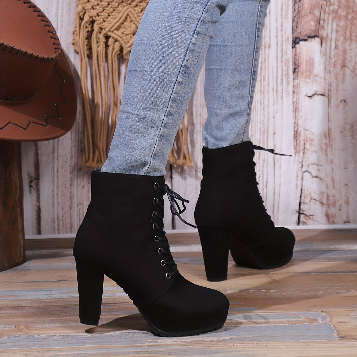 Women'S 2023 Combat Boots - Solid Color Lace-Up, Chunky Heel, Platform, Slim Fit, Round Toe, Fabric Upper, Rubber Sole, Comfortable All-Season Shoes.