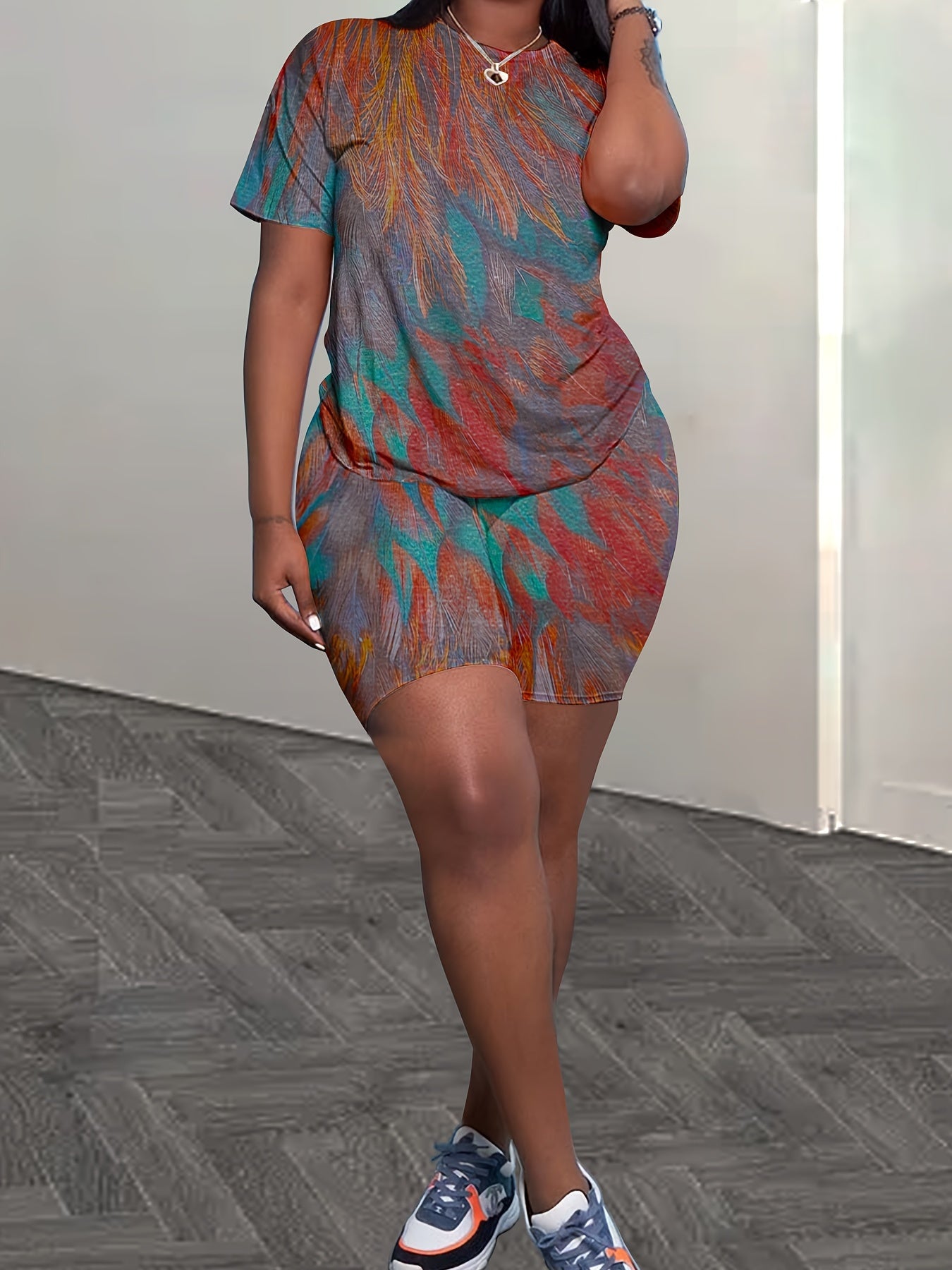 Women's Tie-dye Print Casual Top T-shirt and Tight Shorts Set Two-piece