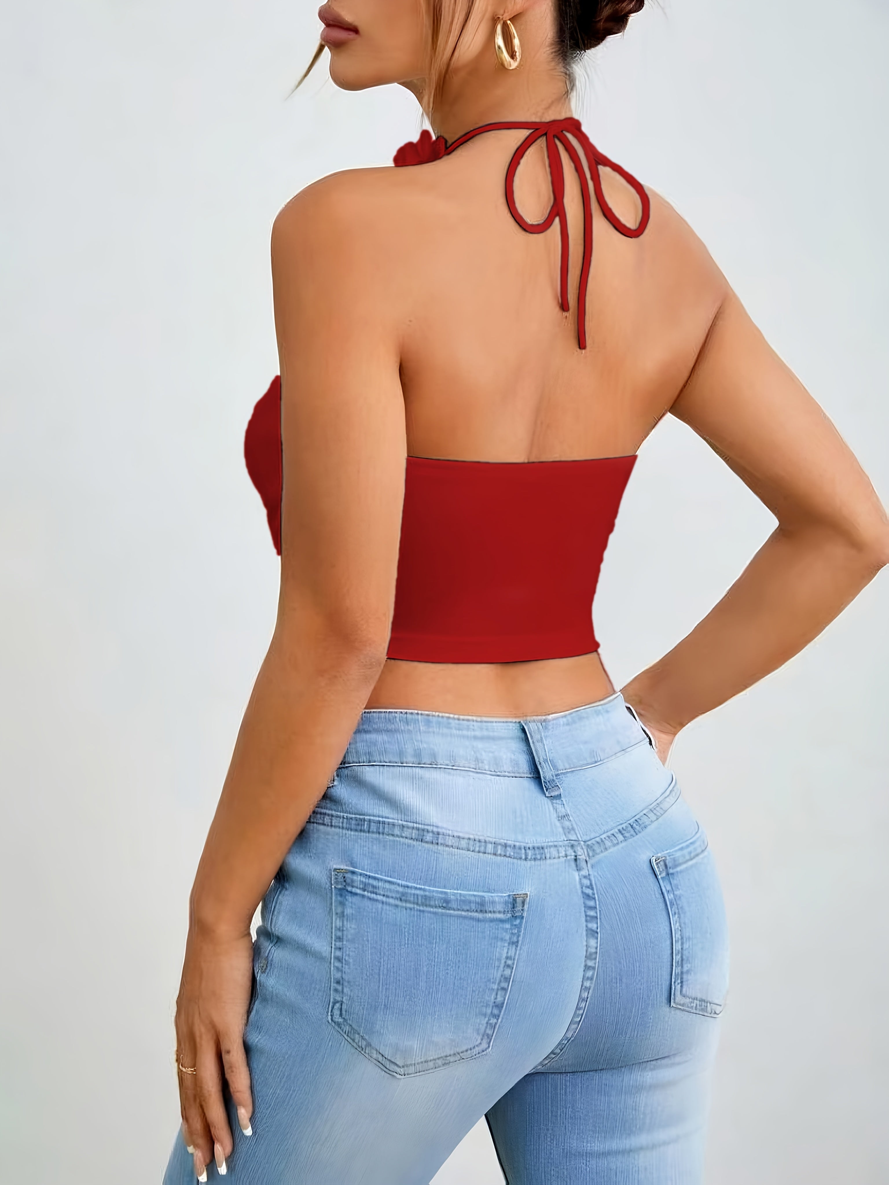 Red Floral Halter Neck Crop Top for Women - Sexy Twisted Front Detail, Cross Halter Design, Stretchy Polyester Blend, Perfect for Summer Nights Out, Cute Tops for Going Out