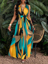 Women's Tropical Print V-Neck Flared Maxi Dress with Cinched Waist - Vibrant Red & Blue Floral Design, A-Line Silhouette, Polyester Fabric, Perfect for Vacation or Casual Outings, Vacation Wear|Flowing Skirt Style|Smooth Glos