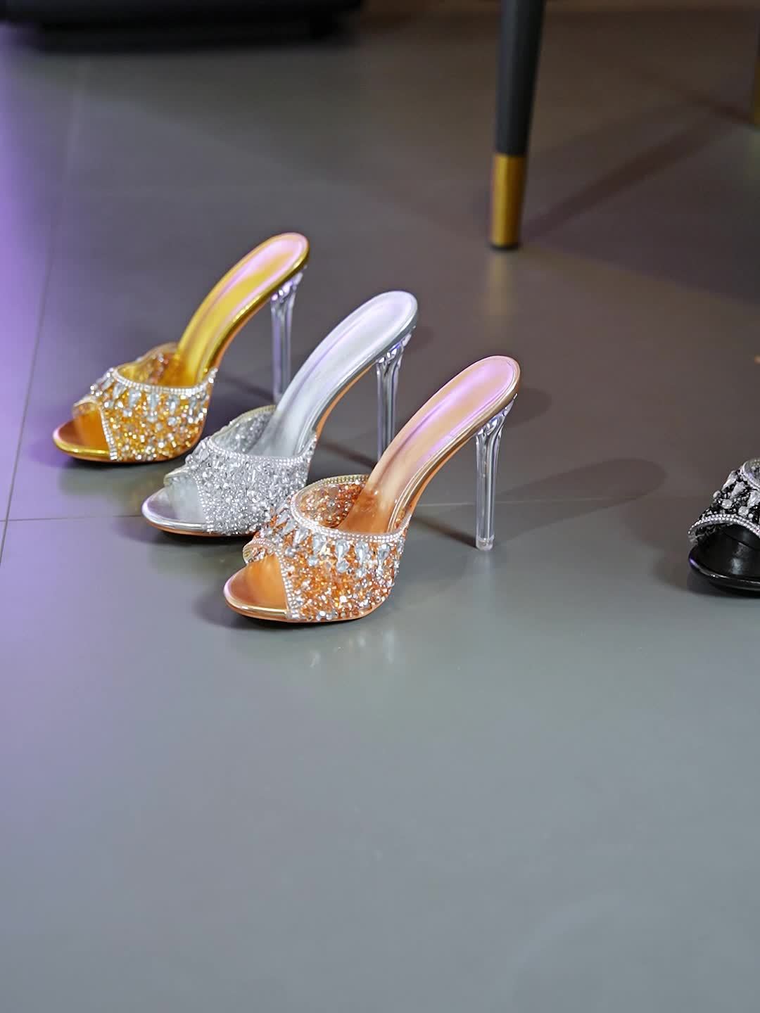 Elegant Sparkling Rhinestone Stiletto Sandals - Summer Collection, Transparent Crystal Heels with Glittery Accents, Comfortable & Durable, Perfect for Parties or Casual Outfits, Party Sandals|Stiletto Heels|TPU Construction