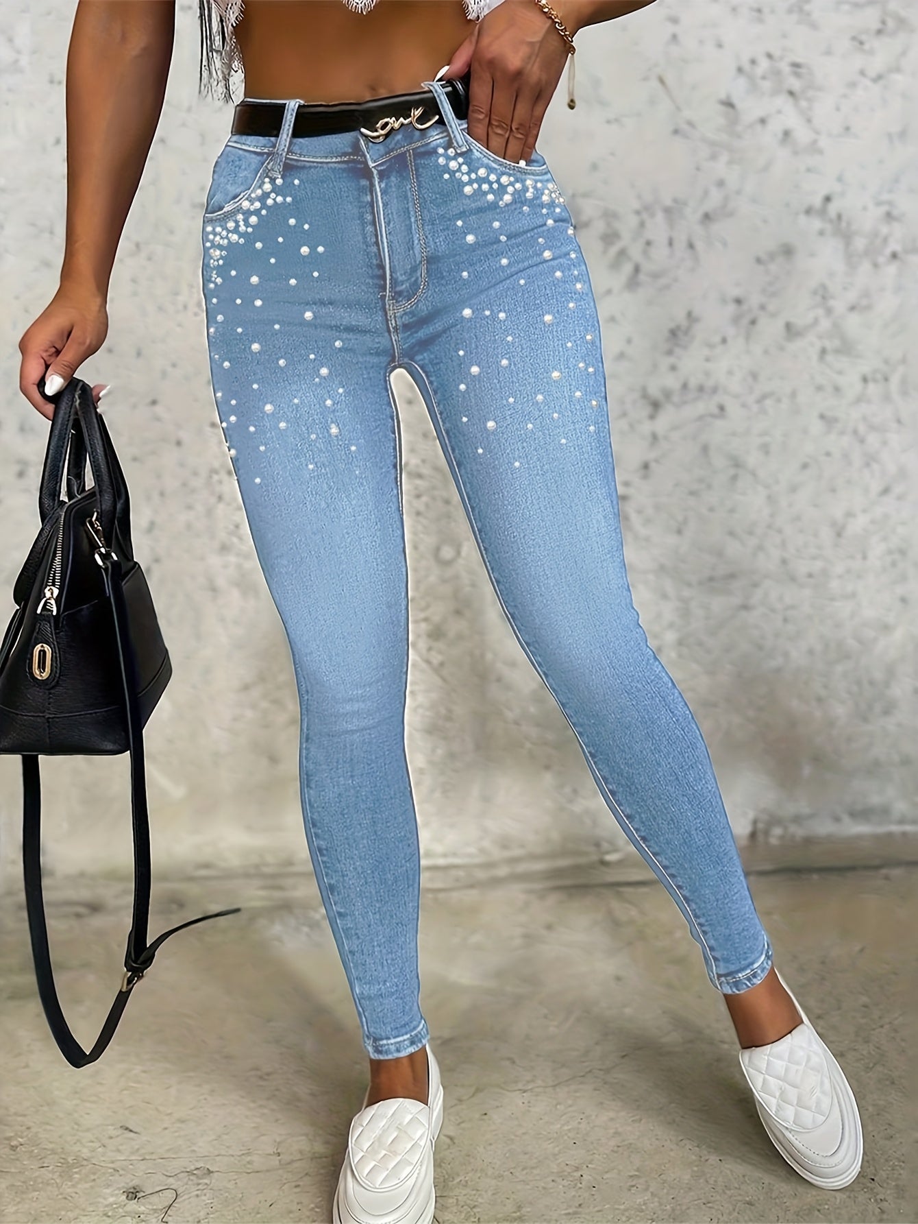 Fashionable High Waisted Slim Fit Casual Women'S Jeans, Adorned With Artificial Pearl Craftsmanship, Light Blue, Fashionable Street Tight Pants