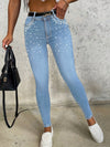 Fashionable High Waisted Slim Fit Casual Women'S Jeans, Adorned With Artificial Pearl Craftsmanship, Light Blue, Fashionable Street Tight Pants