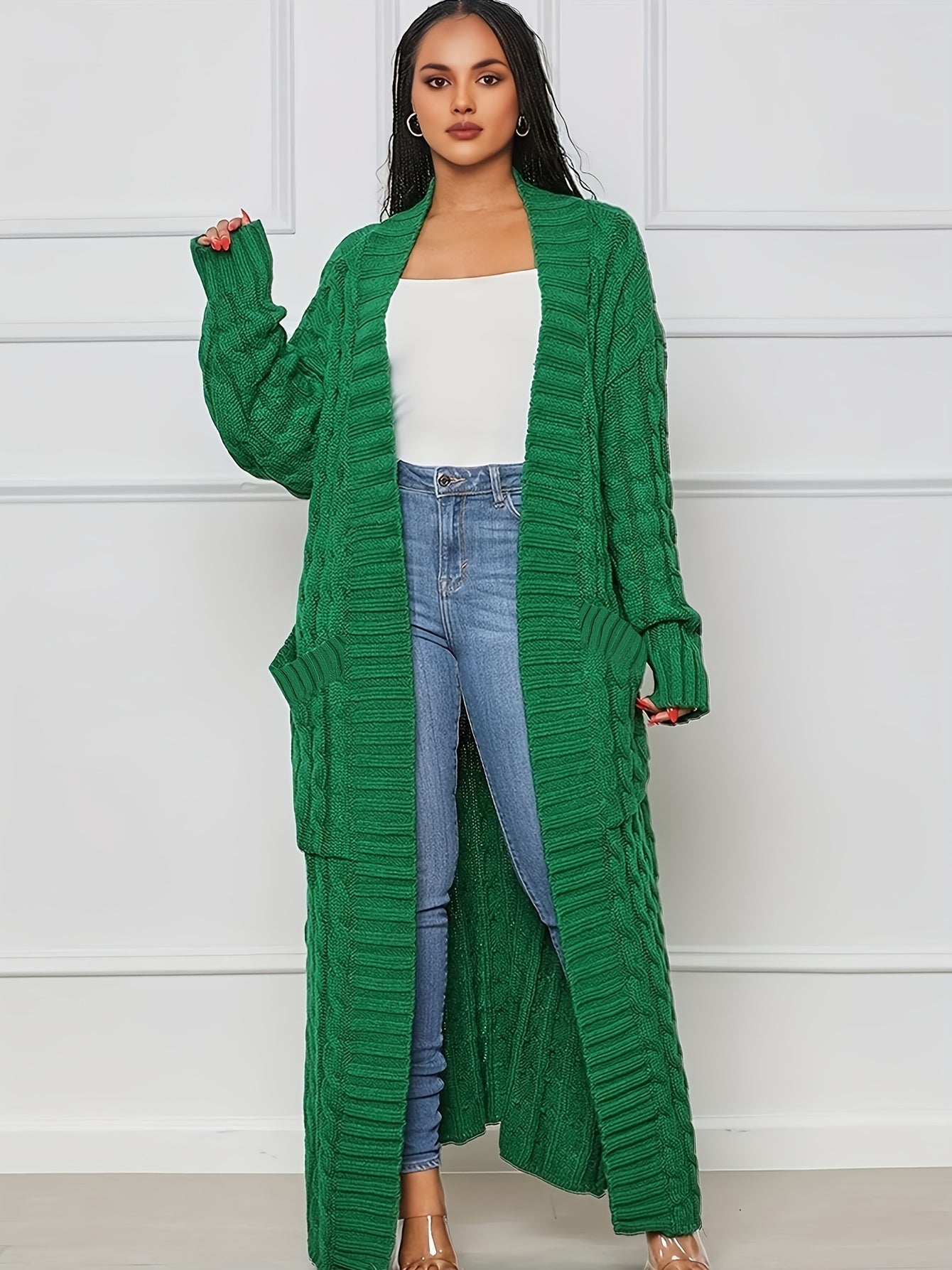Long Length Cable Knit Cardigan, Elegant Solid Long Sleeve Sweater With Pockets, Women's Clothing