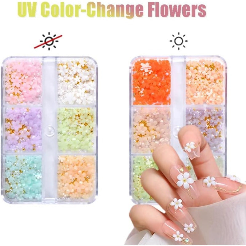 3D Flower Nail Charms, 4 Boxes 3D Acrylic Flower Nail Art Rhinestones White Pink Mixed Cherry Blossom Spring Gems Acrylic Nail Supplies with Pearls Manicure DIY Nail Decorations