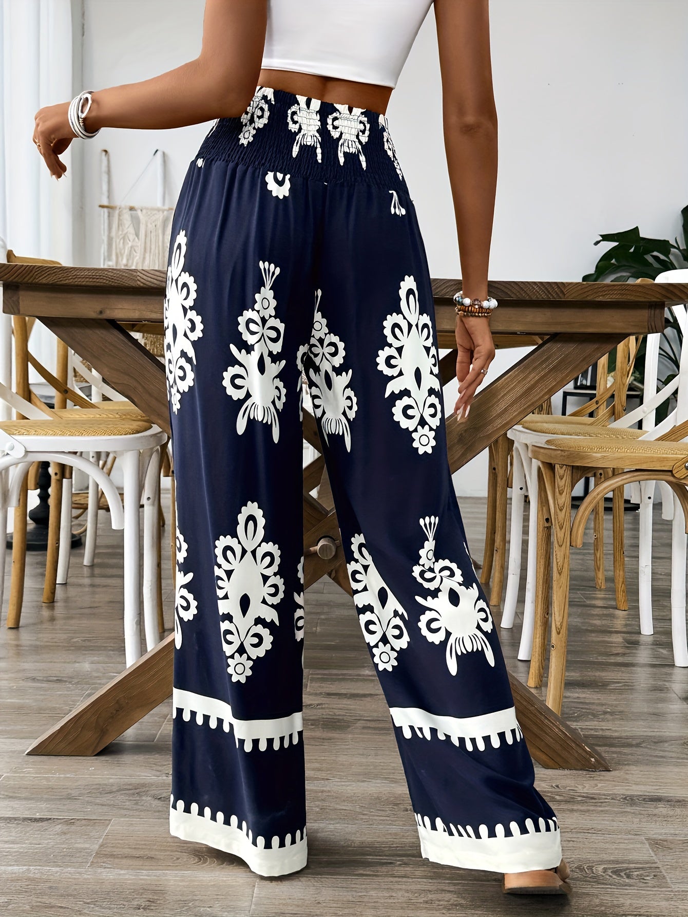 Women's Navy & White Floral Print Wide-Leg Pants with Elastic Waist Drawstring & Smocking Detail - Machine Washable All-Season Elegant Casual Trousers for Women, Comfortable Fashion, Smooth Texture Fabric