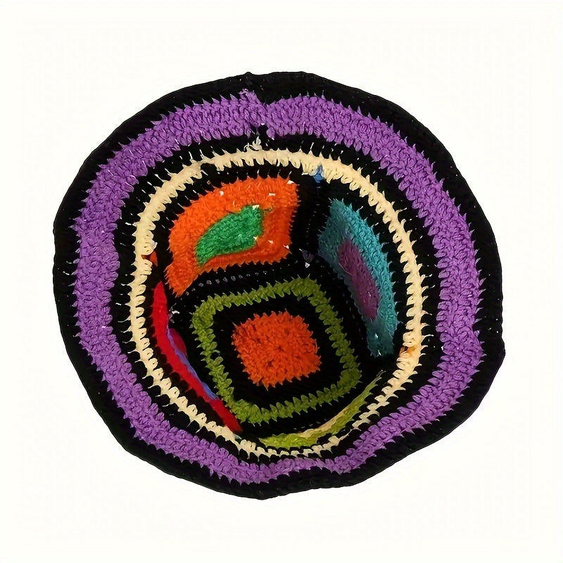 Color Block Crochet Fisherman Hat, Retro Ethnic Style Casual Hollow Out Breathable Bucket Hat
