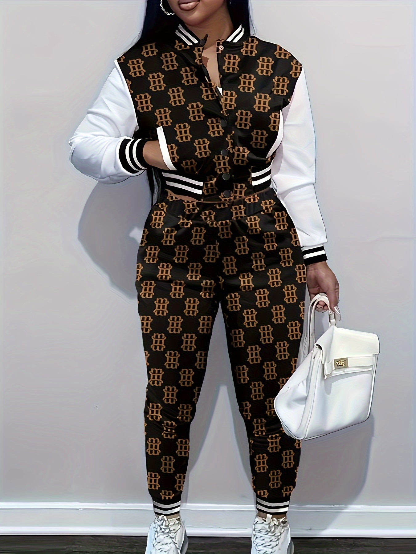 2023 new black fashion casual printed patchwork long sleeves two piecesWomen's pants suit