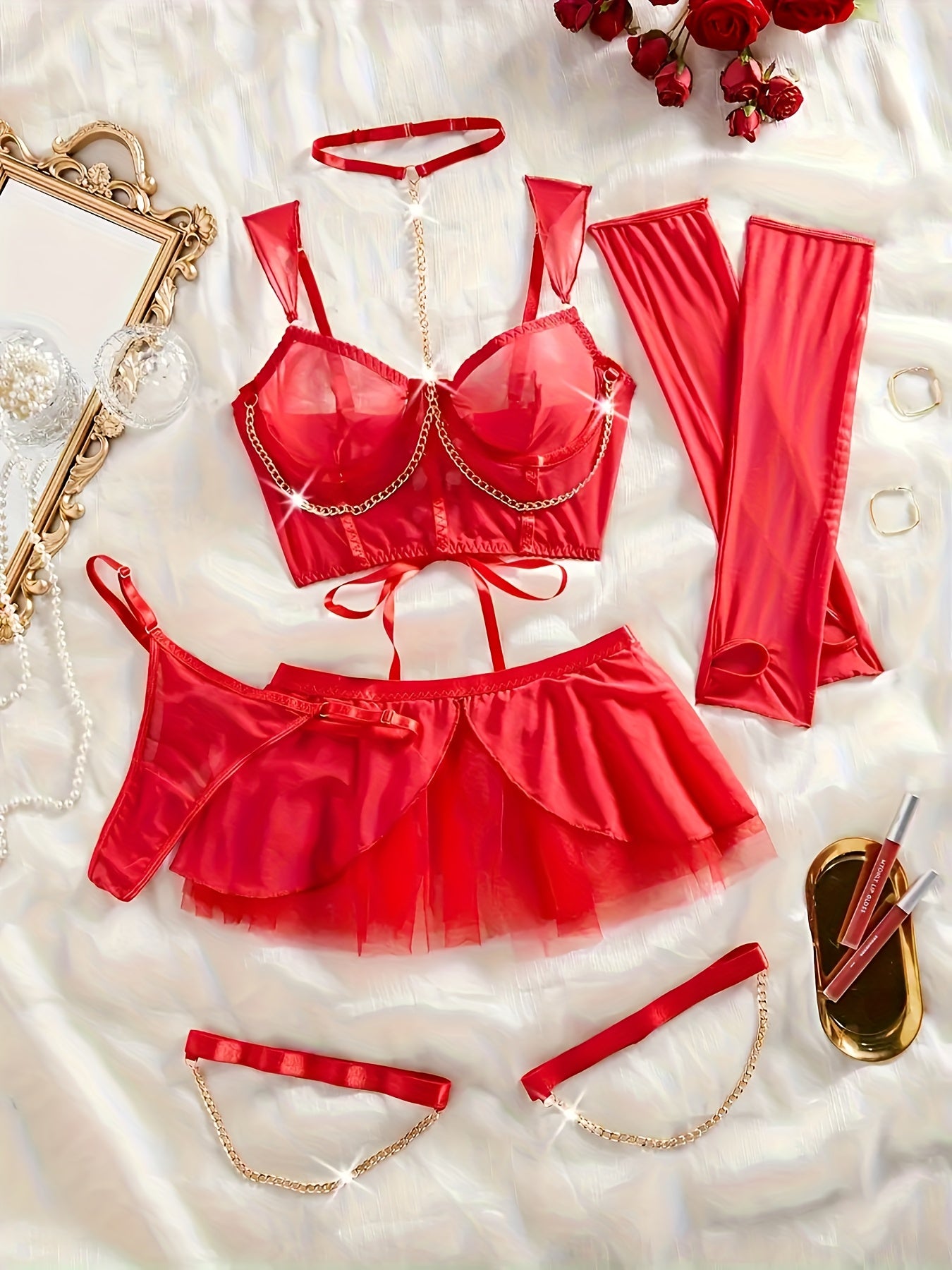 Hot Fashion Design Lingerie Set, Chain Tie Neck Tight Corset&skirt&sleeves&thong And Leg Rings, Women's Sexy Lingerie And Underwear