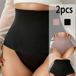 2pcs High-Waist Tummy Control Shapewear Panties, Postpartum Body Shaper Thong, Slimming Butt Lifting Shapewear Underwear, Solid Color Knit Fabric