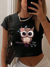 Women's Y2K Graphic Crop Top T-Shirt - Black Owl Design with Floral Accents, Short Sleeve, Stretchy Polyester Blend, Perfect for Spring/Summer/Fall, Young Adult Clothing | Trendy Tiktok Style | Glossy Fabric Finish, T-Shirt S