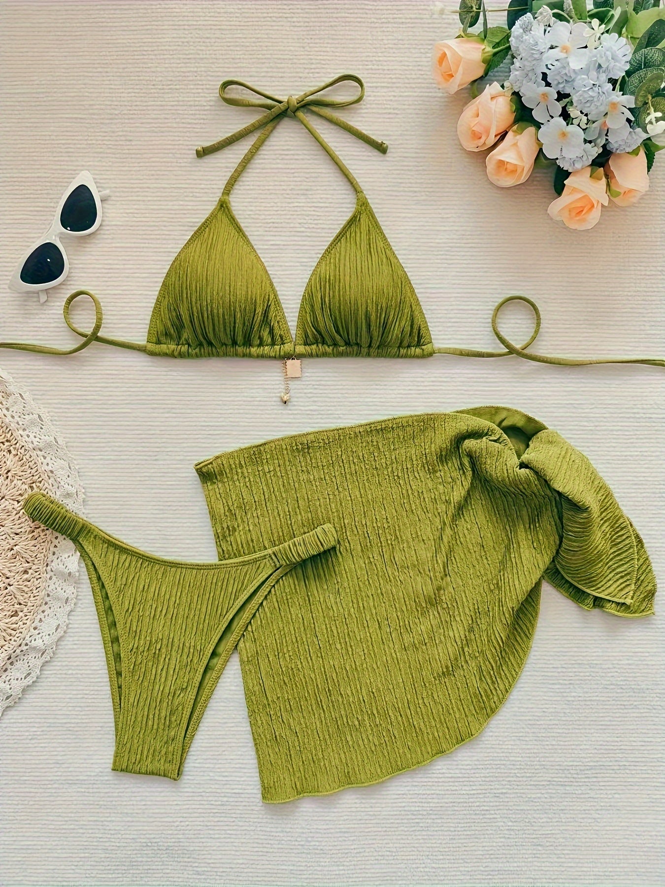 Women's Sexy Solid Color Bikini Swimsuit Three Piece Set