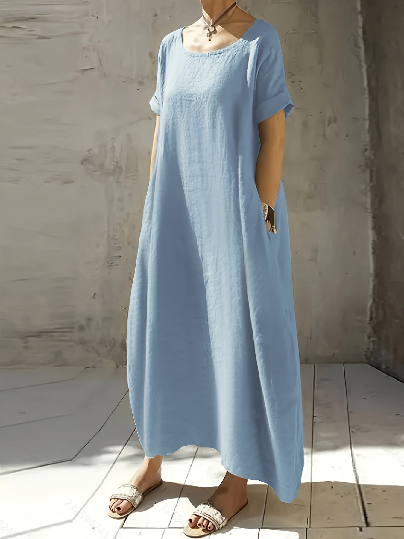 Women's New Summer Round Neck Short Sleeve Loose Dress with Pocket, Elegant and Pure Color Mid-Long Casual Skirt