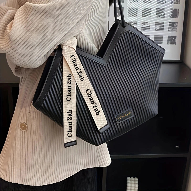 Chic Love-Themed Tote Bag - High-Capacity Beige & Black Design with Ribbon Accent, Versatile for Work and Casual Use, Durable PU Material, Zip Closure
