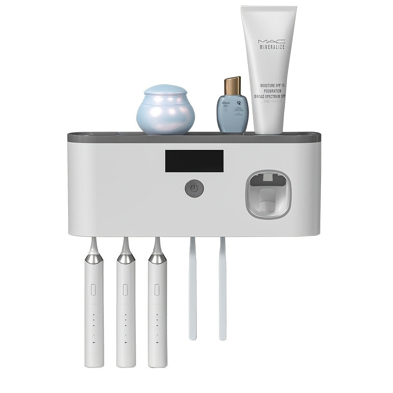Smart Toothbrush Sanitizer with Automatic Toothpaste Dispenser – Wall-Mounted, 5-Slot Storage, Durable Plastic, USB Rechargeable Battery, Modern Bathroom Organizer for Electric Toothbrushes and Accessories, Toothbrush Holde