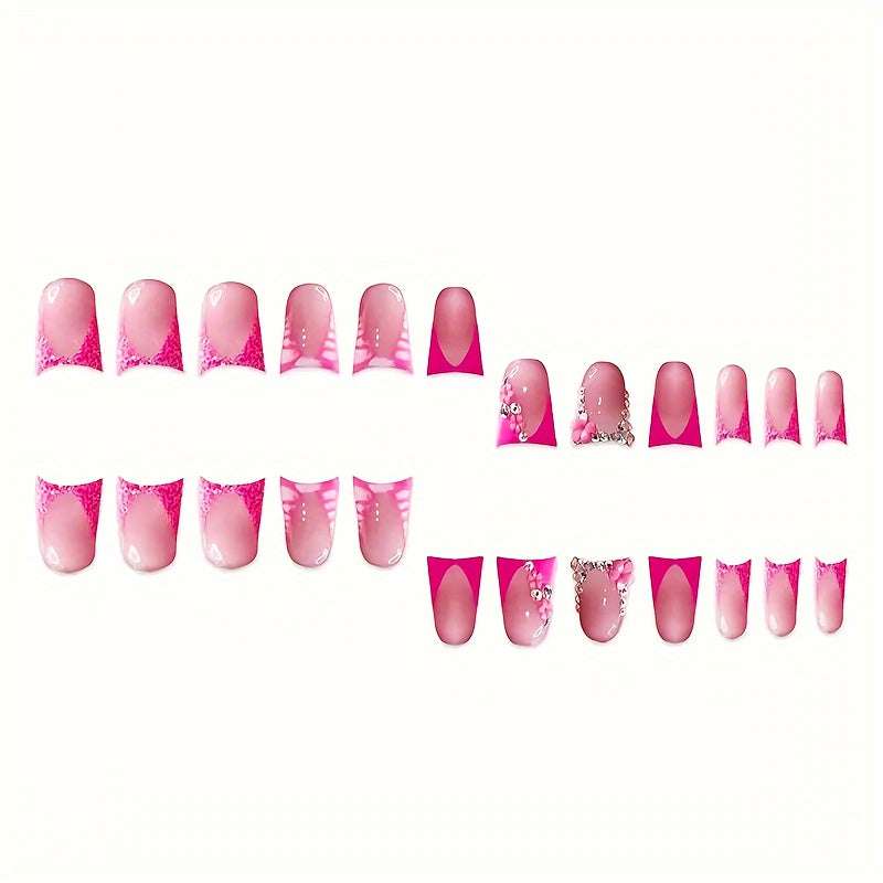 Free 4pcs of jelly glue and 4pcs of nail file in 4 boxes, 96pcs of European and American press-on wear nails, gorgeous sweet cool French sparkling diamond flowers, stripes, three-dimensional cherry, wave, clashing color, squa