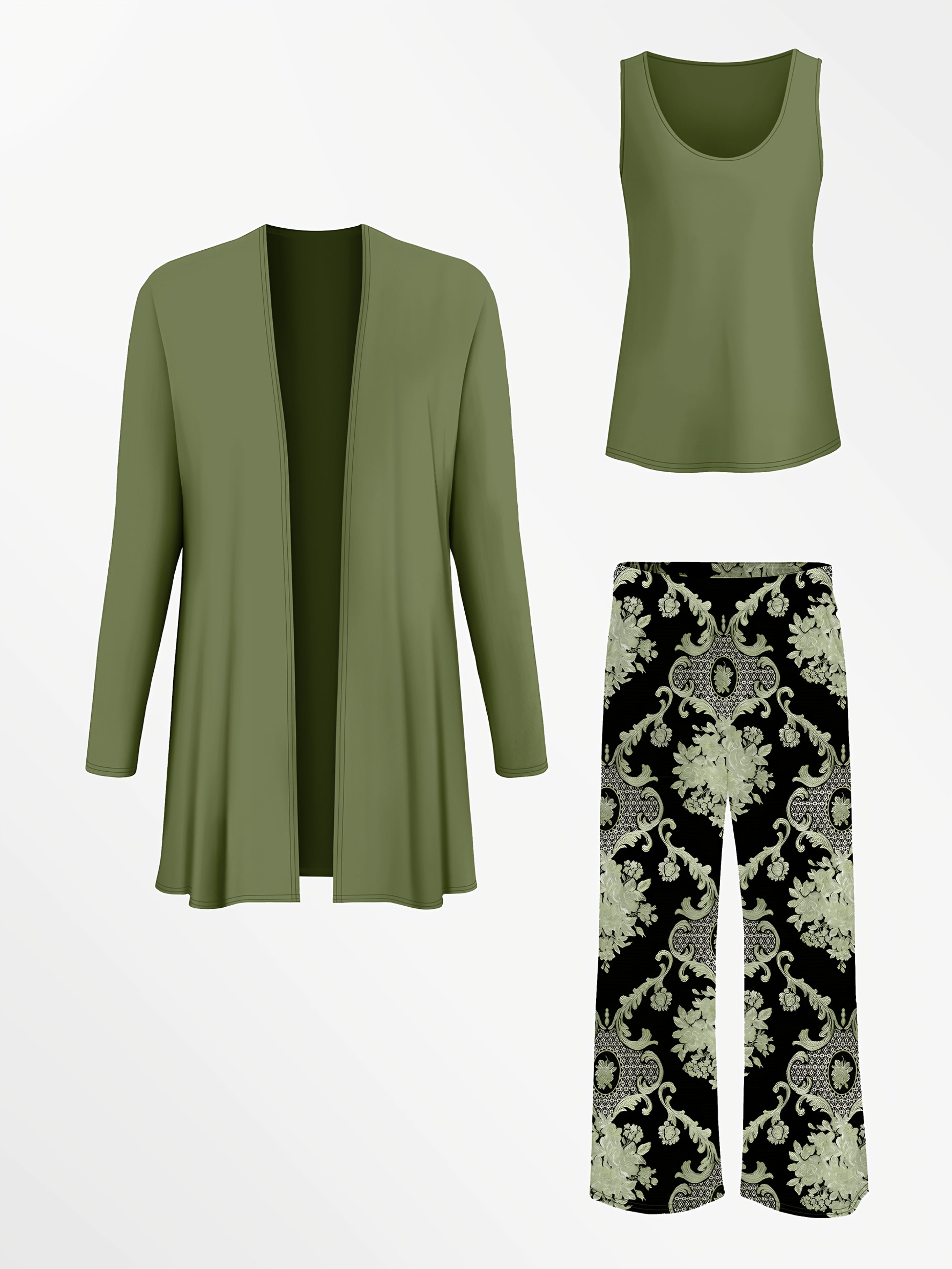 Women'S Elegant Plus Size Solid Color Cardigan and Tank Top Set with Paisley Print Pants - Stylish Three-Piece Outfit for Casual Attire, Casual Attire|Paisley Print Pants|Stretchy Fabric, Plus Size Clothing