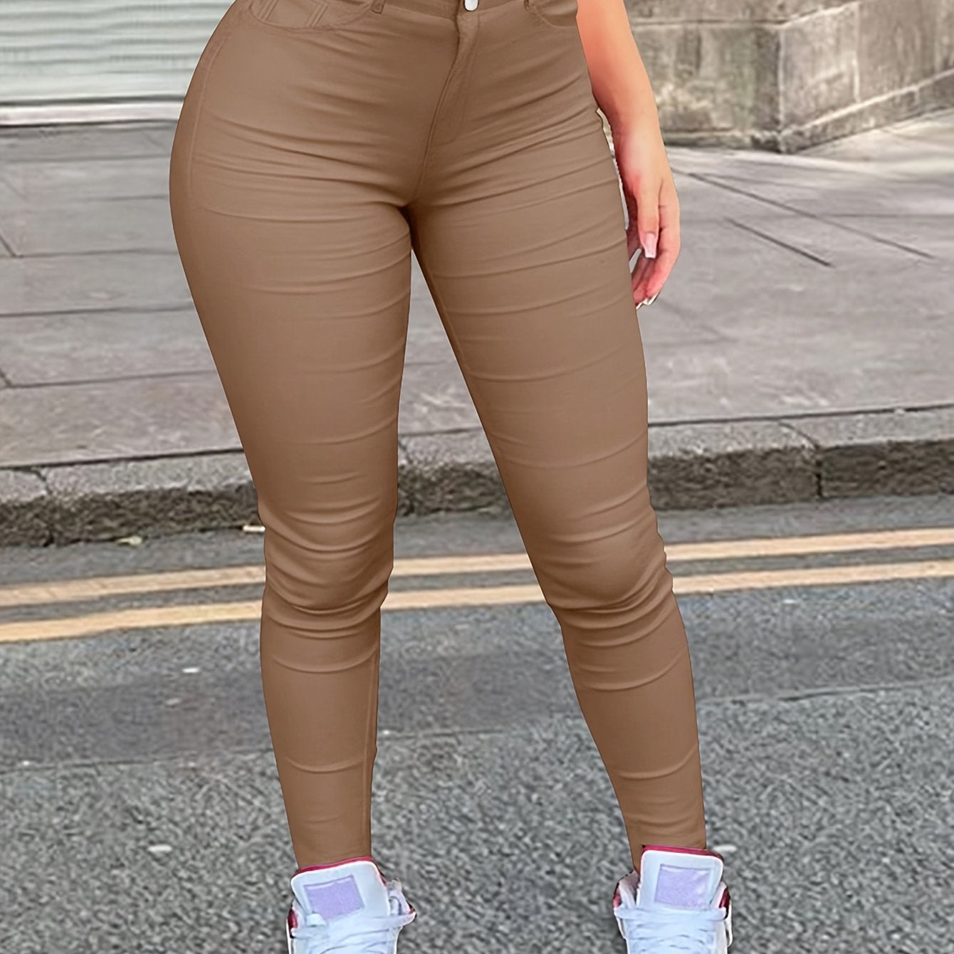 Women's High-Waisted Stretch Skinny Jeans - Solid Brown, Slanted Pockets, Comfortable Casual Attire, Casual Style, Hand Wash Only