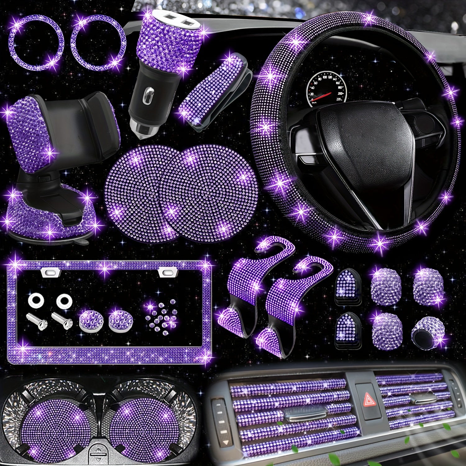 [Diamond Steering Wheel Cover] Artificial Diamond Steering Wheel Cover and Coaster Set - Car Decoration