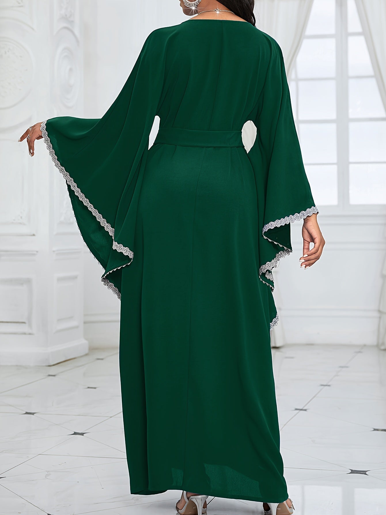 Contrast Lace Flare Sleeve Dress, Elegant Crew Neck Tied Waist Ankle Length Dress For Party & Banquet, Women's Clothing Wedding/Occasion/Engagement/Ceremony/Evening dress