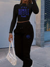 Women's Casual Polyester Knit Tracksuit Set - Crew Neck Long Sleeve Crop Top and Drawstring Pants with Pockets, Alphabet Pattern - All-Season Activewear - For Women - Perfect for Loungewear, Sports & Casual Wear - Ideal Gift