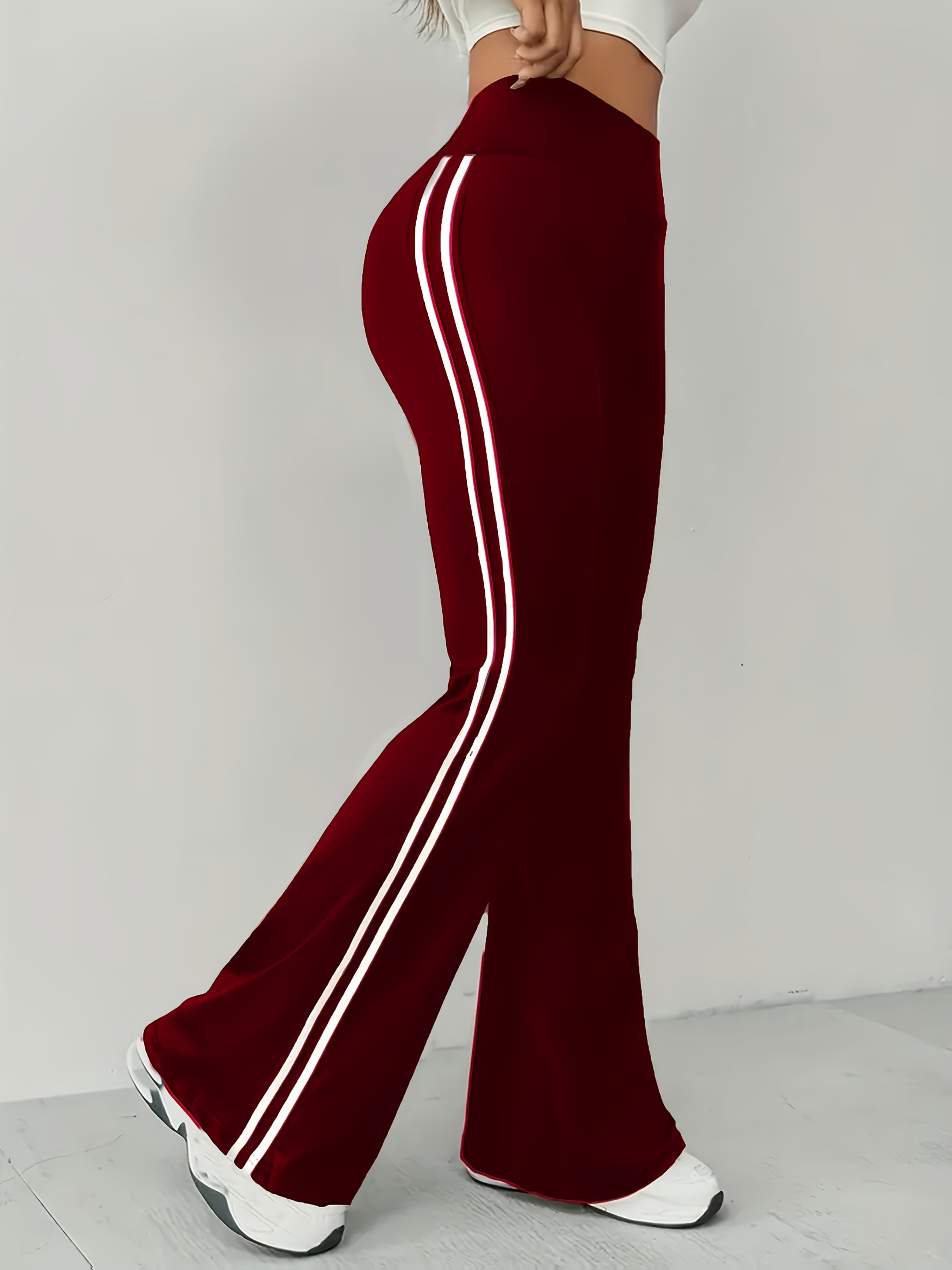 Women's High-Waist Tummy Control Maroon Flare Pants with White Stripe Detail - Stretchy Polyester/Elastane Blend, Machine Washable, Casual Sporty Bell Bottoms