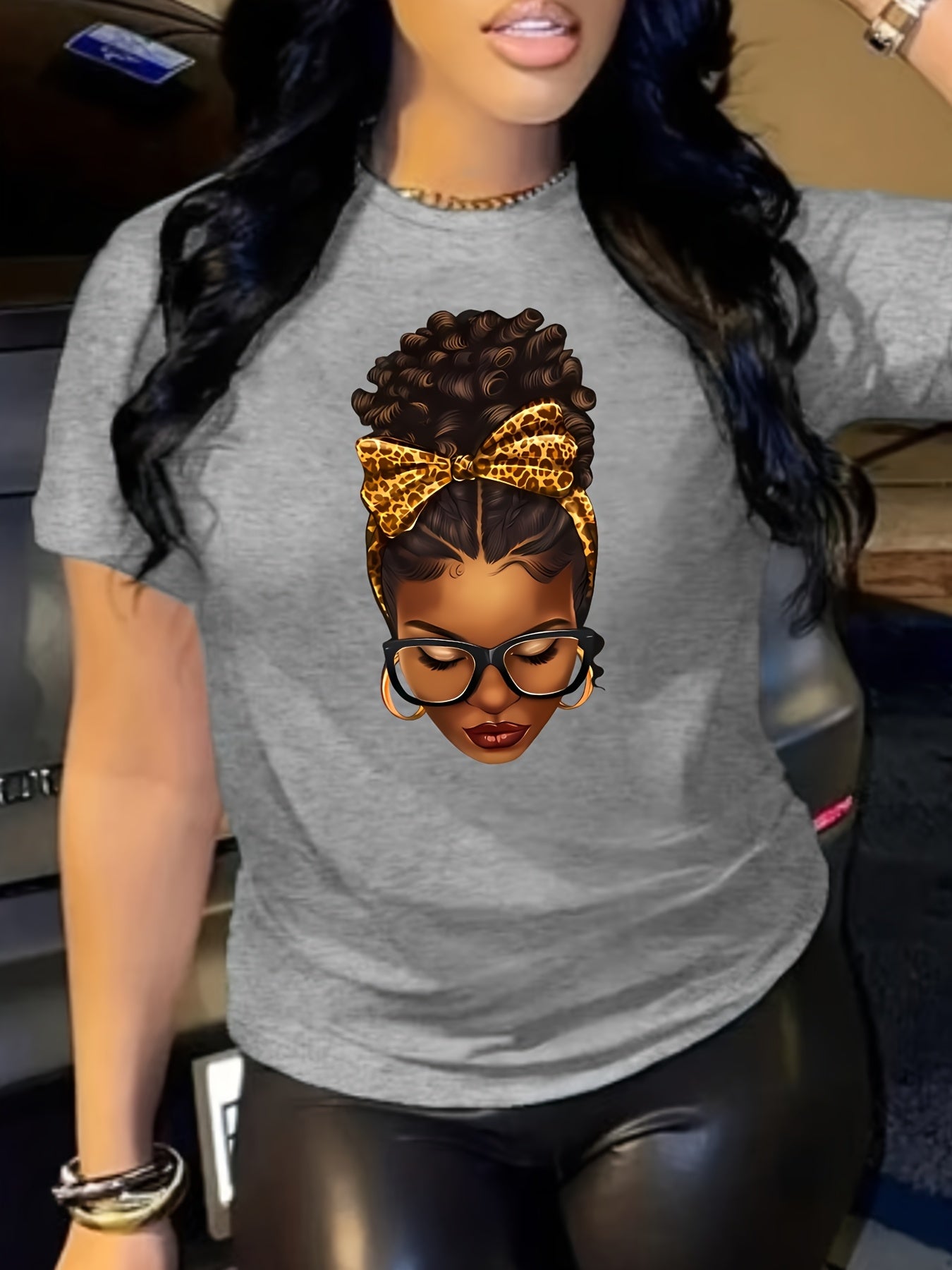 Figure Print Short Sleeve T-shirt, Casual Crew Neck Top For Spring & Summer, Women's Clothing