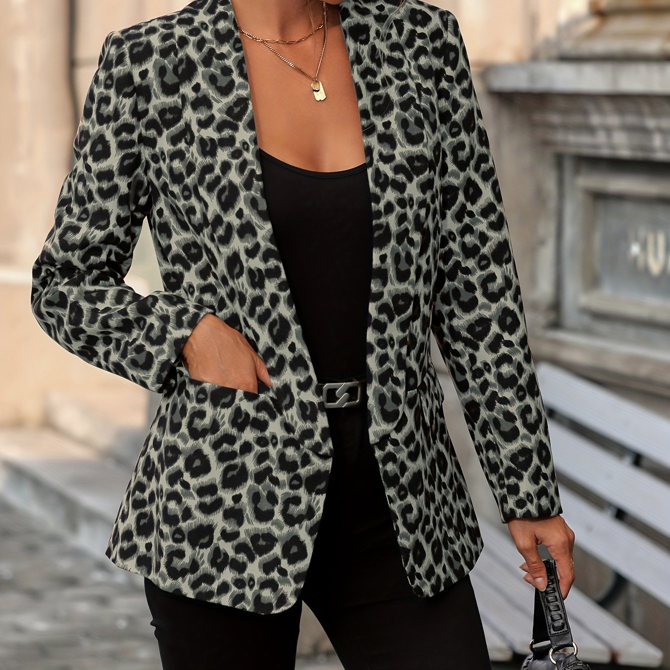Leopard Print Open Front Blazer, Elegant Lapel Neck Long Sleeve Blazer For Office & Work - Women's Clothing - Stylish & Professional - Suitable for Business Meetings & Formal Events - Perfect Gift for Women